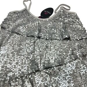 Volume One Women S Sequin Camisole Tiered Ruffle Silver Spaghetti Strap Tank Top